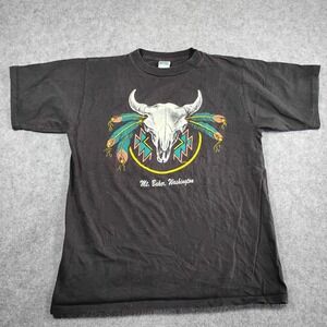 Vintage Alore Mt Baker Washington Bull Skull Feather Graphic T-Shirt Mens Large